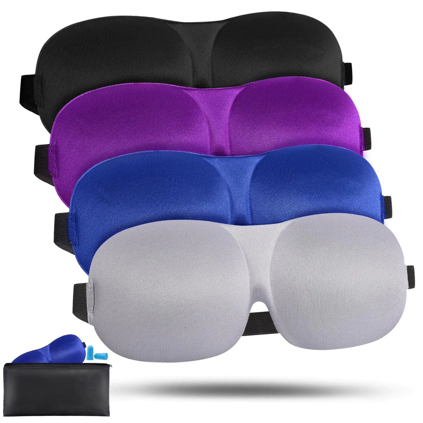 Pack de 4 Masques de Sommeil Ajustables 3D Opaque pour Femmes et Hommes avec Sac de Rangement et Bouchons d'Oreilles pour Voyage, Sieste et Nuit