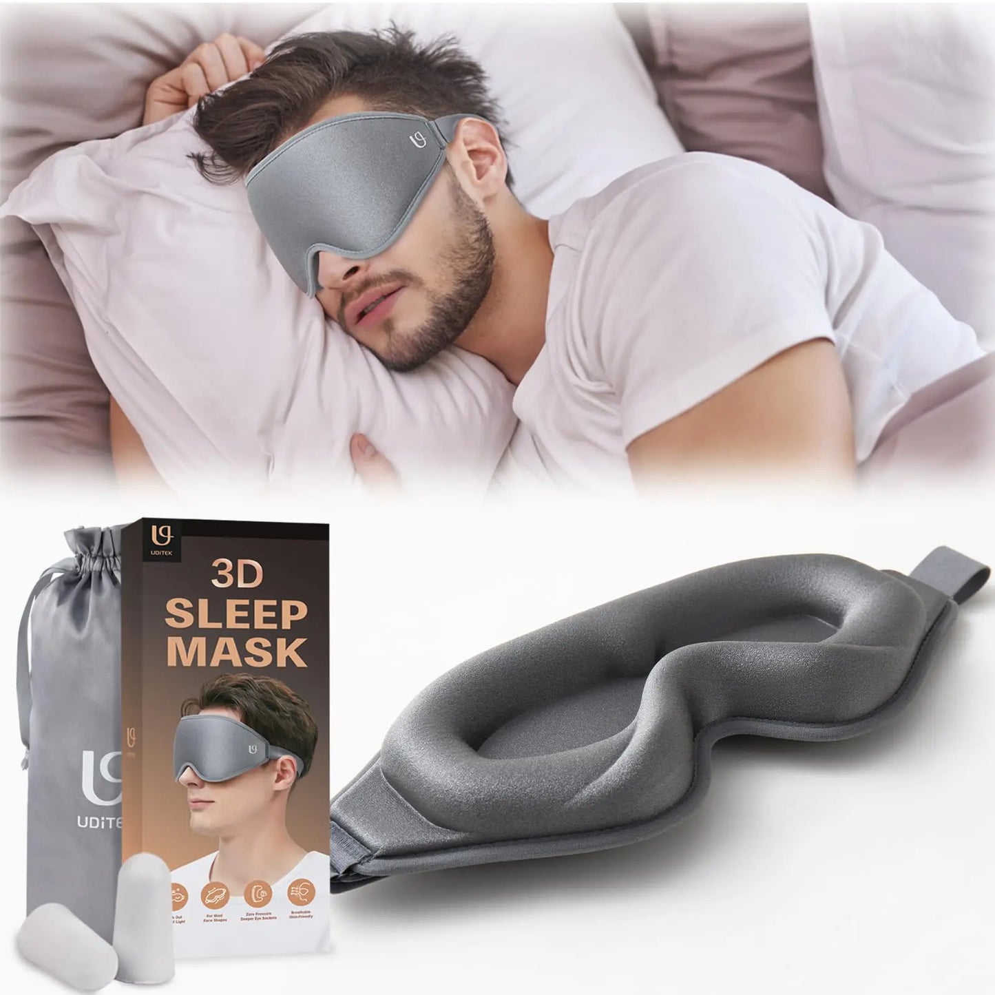 Masque de Sommeil Uditek 3D à Poches Profondes pour les Yeux, Bloquant la Lumière, pour Hommes et Femmes, Couvertures pour les Yeux sans Pression pour Dormir, Voyages, et Travail de Nuit avec Sangle Ajustable